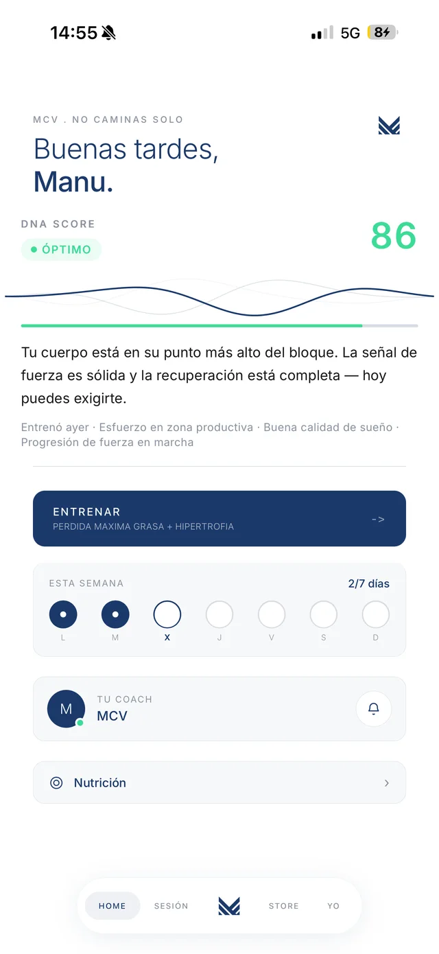 La app de MCV: DNA Score en óptimo, tu coach y el entreno de hoy