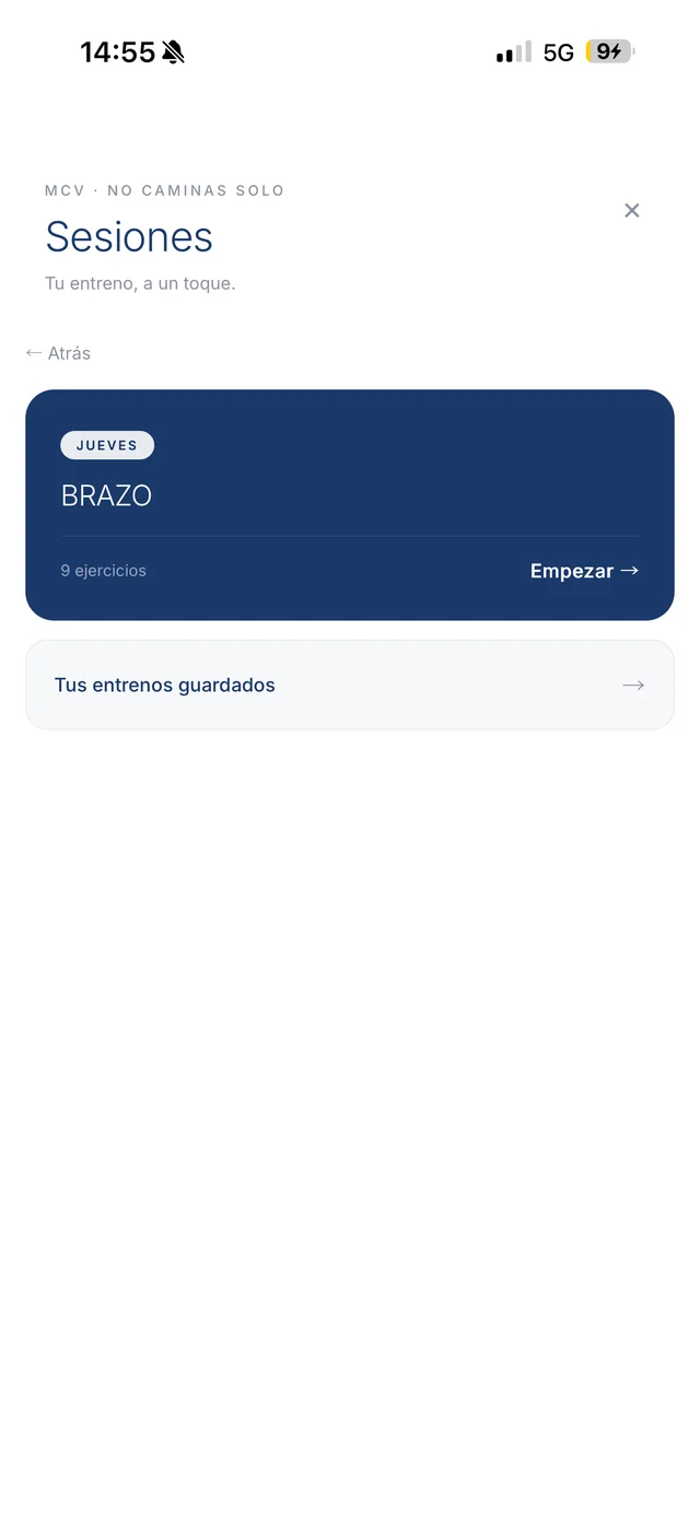 Panel de sesiones: tu próximo entreno con su día, listo para empezar
